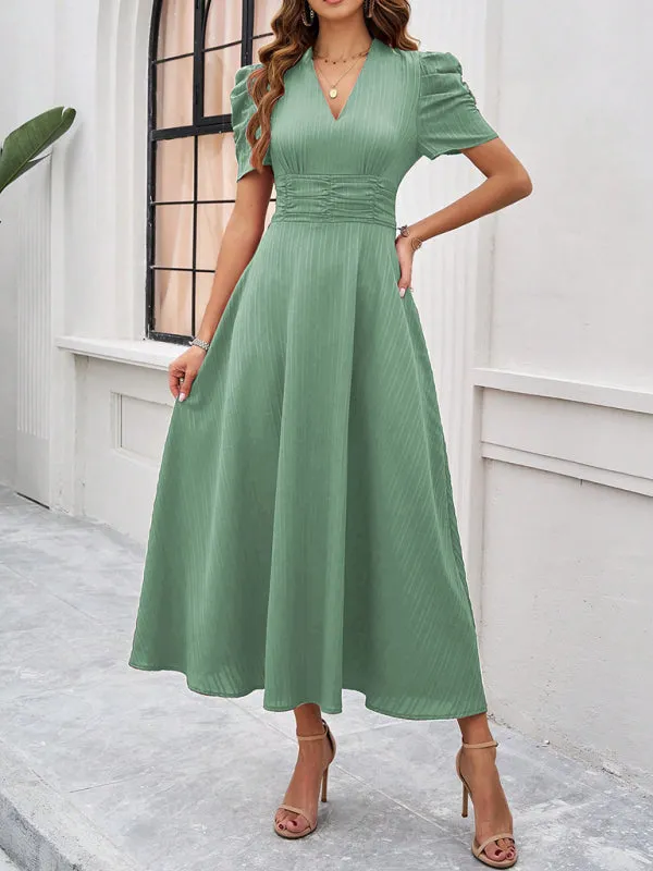 V-Neck Midi Dress with Puff Sleeves and Ruched Waist
