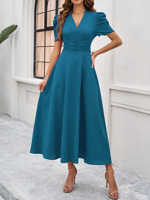 V-Neck Midi Dress with Puff Sleeves and Ruched Waist
