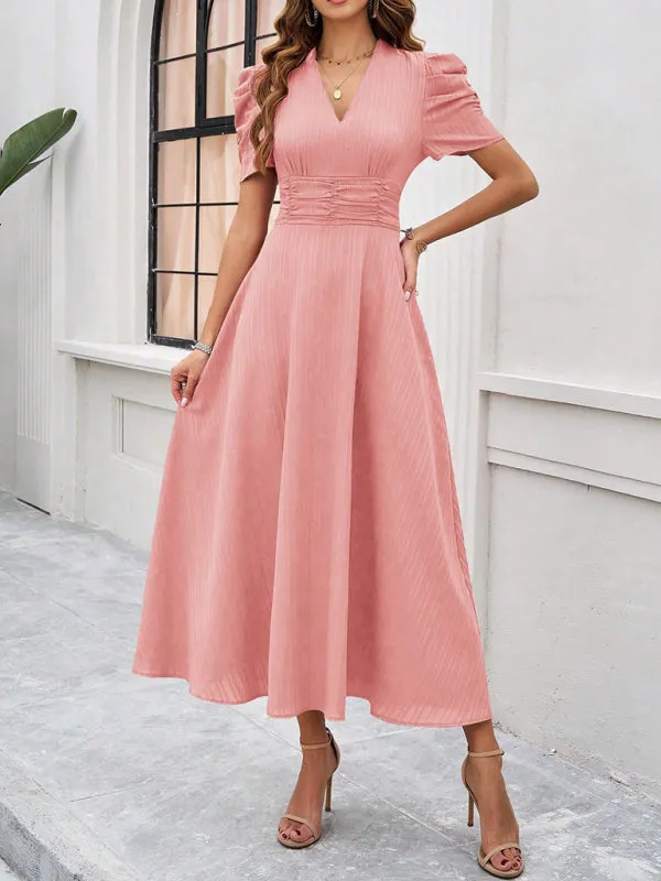 V-Neck Midi Dress with Puff Sleeves and Ruched Waist