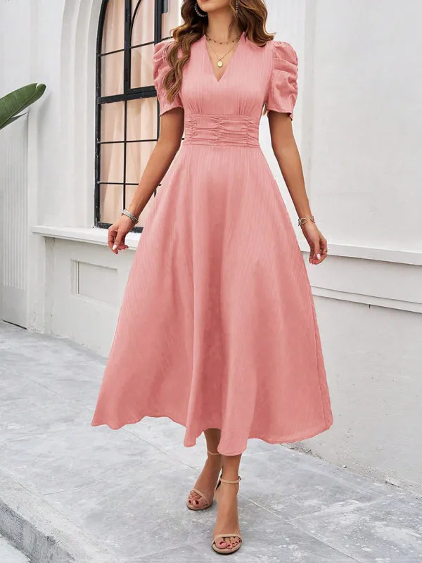 V-Neck Midi Dress with Puff Sleeves and Ruched Waist