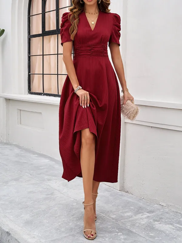 V-Neck Midi Dress with Puff Sleeves and Ruched Waist