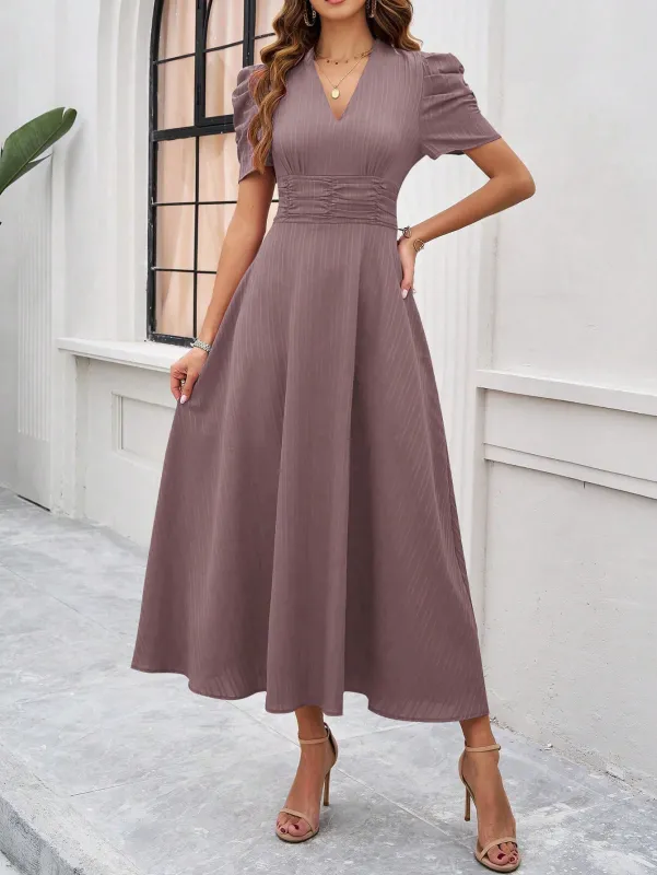 V-Neck Midi Dress with Puff Sleeves and Ruched Waist