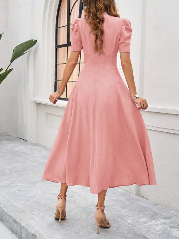 V-Neck Midi Dress with Puff Sleeves and Ruched Waist