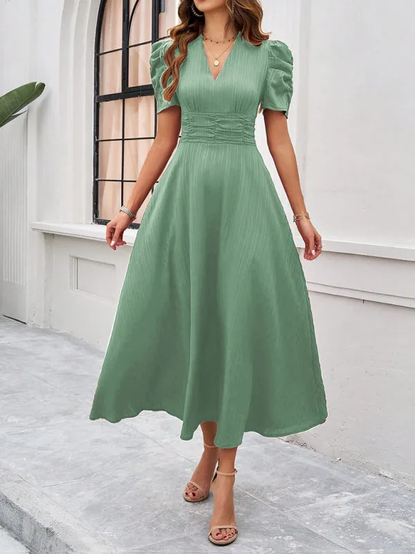 V-Neck Midi Dress with Puff Sleeves and Ruched Waist