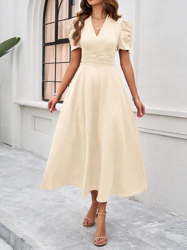 V-Neck Midi Dress with Puff Sleeves and Ruched Waist