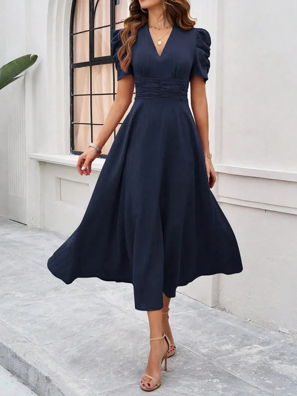 V-Neck Midi Dress with Puff Sleeves and Ruched Waist