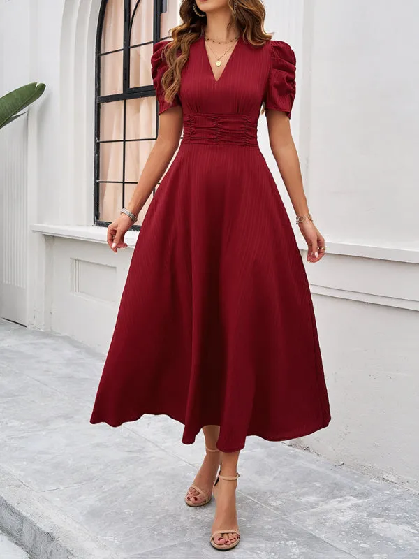 V-Neck Midi Dress with Puff Sleeves and Ruched Waist