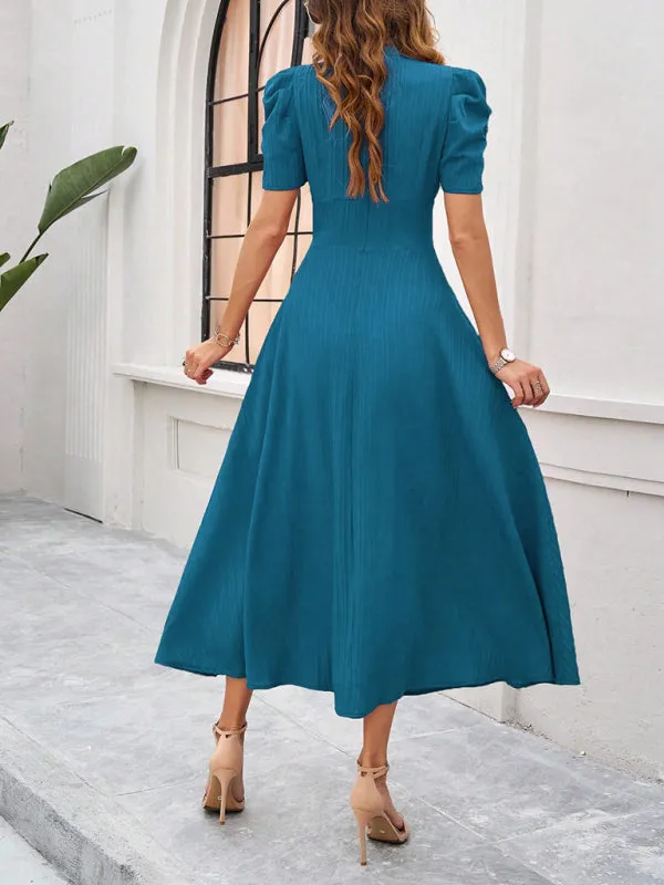 V-Neck Midi Dress with Puff Sleeves and Ruched Waist