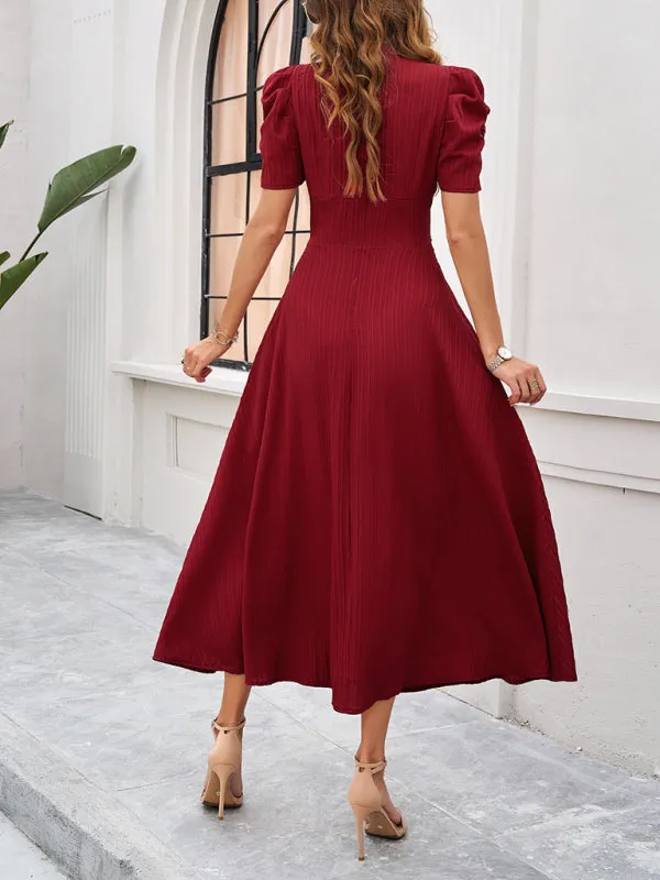 V-Neck Midi Dress with Puff Sleeves and Ruched Waist