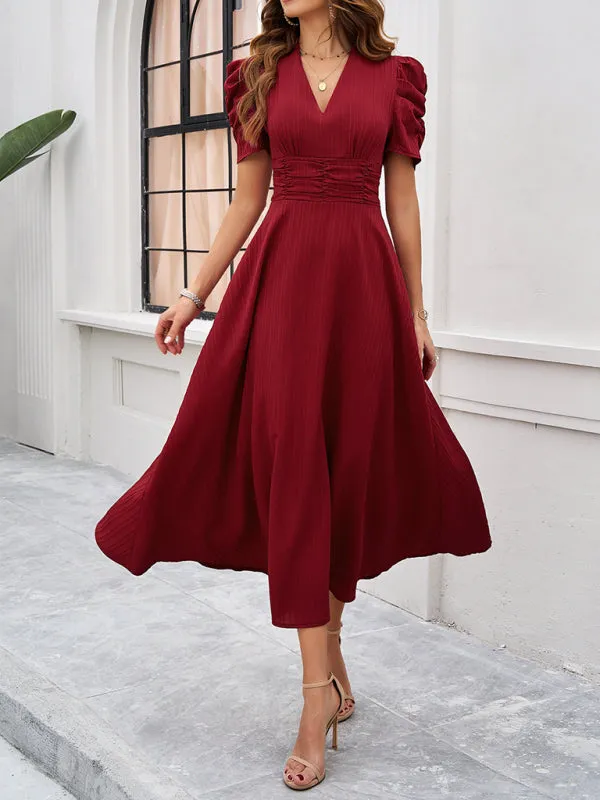 V-Neck Midi Dress with Puff Sleeves and Ruched Waist