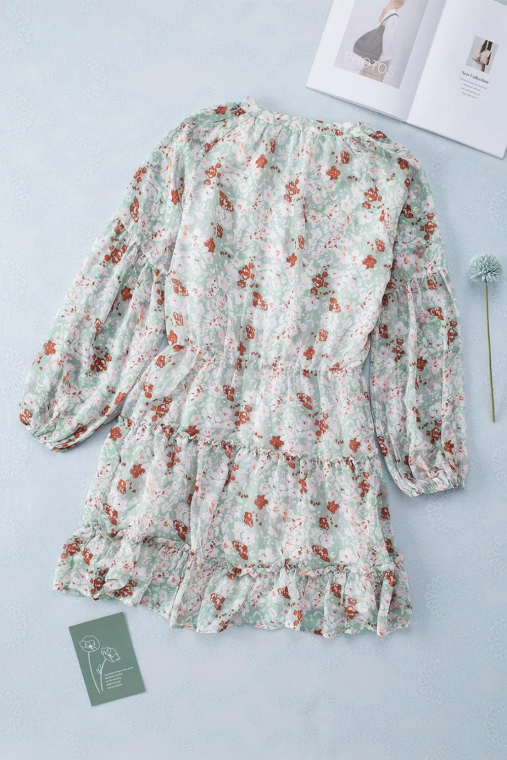 V Neck Puff Sleeve Floral Tunic Dress