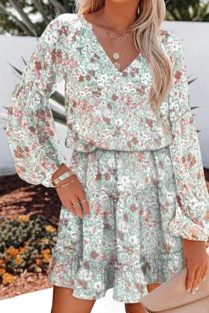 V Neck Puff Sleeve Floral Tunic Dress