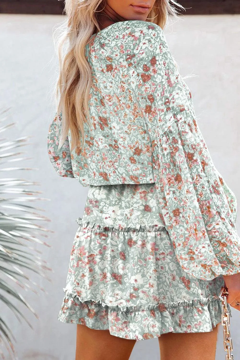 V Neck Puff Sleeve Floral Tunic Dress