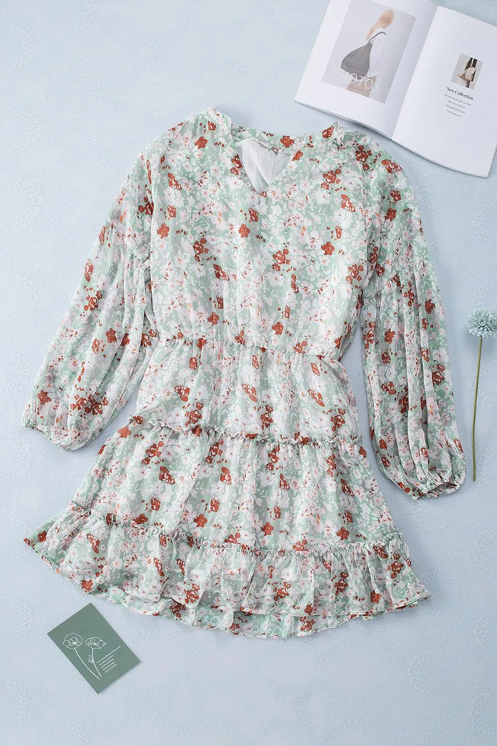 V Neck Puff Sleeve Floral Tunic Dress