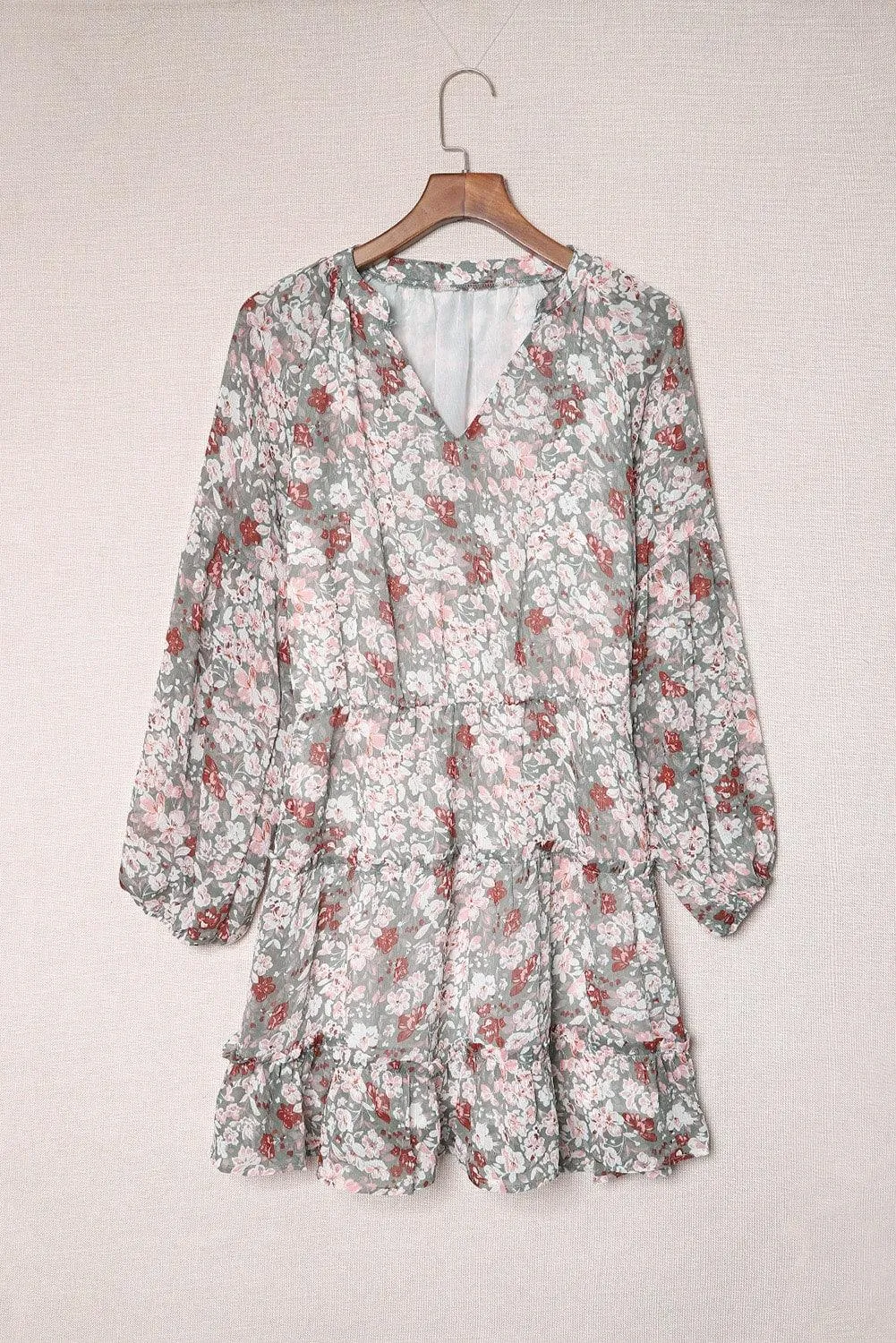 V Neck Puff Sleeve Floral Tunic Dress