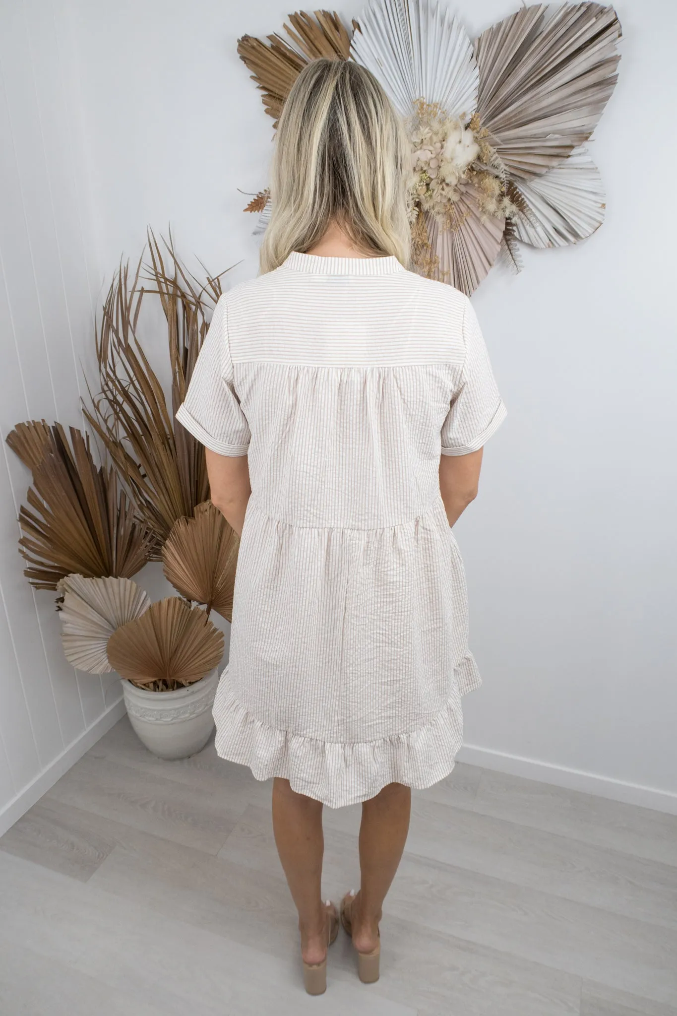 Verona Dress- White/beige pinstripe
