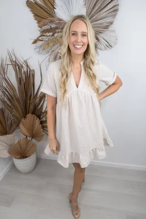 Verona Dress- White/beige pinstripe