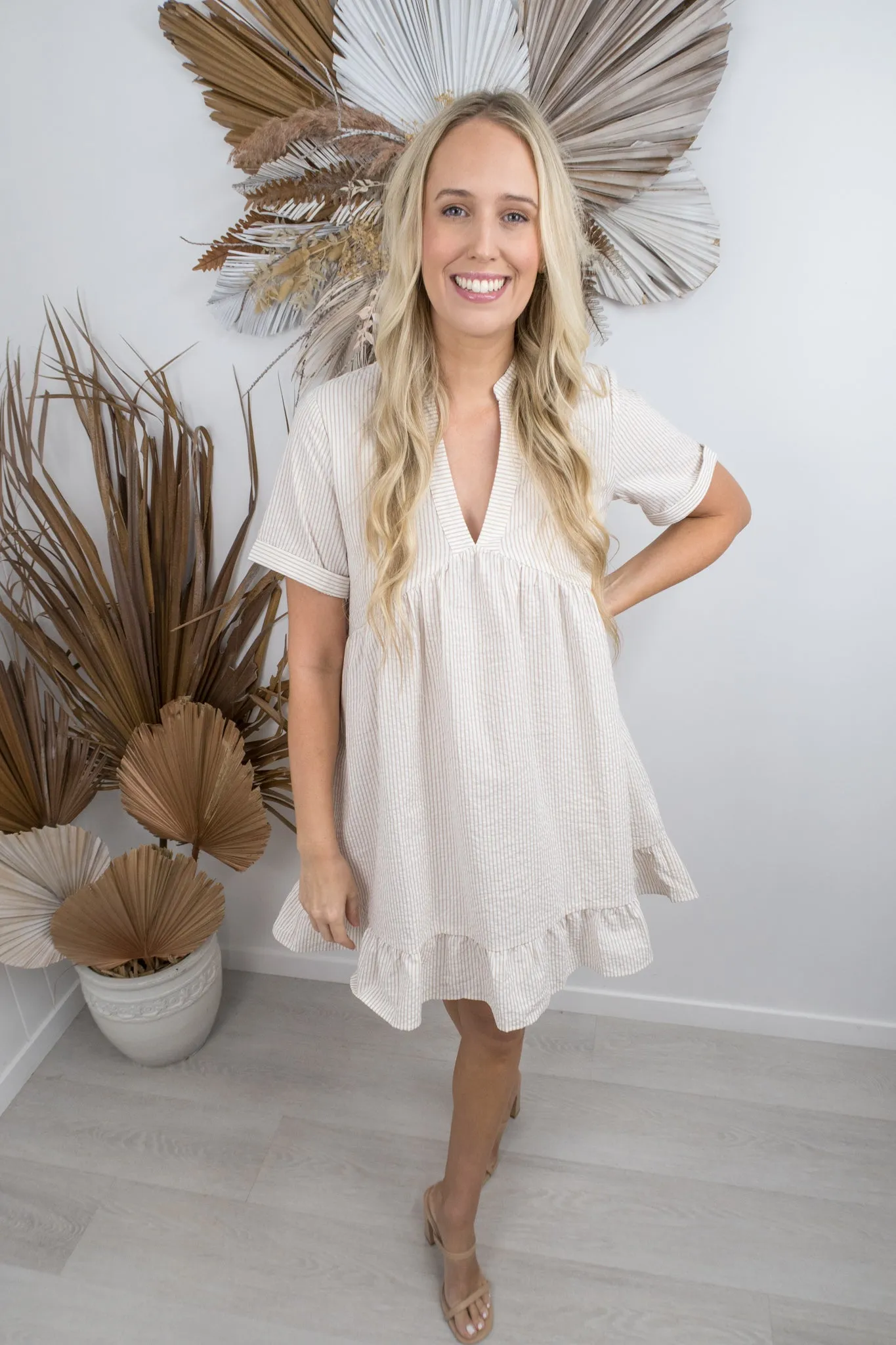 Verona Dress- White/beige pinstripe