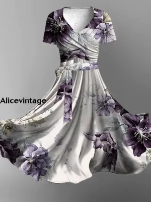 Vintage Floral Art Print Cross Fold Short Sleeve Two Piece Midi Dress