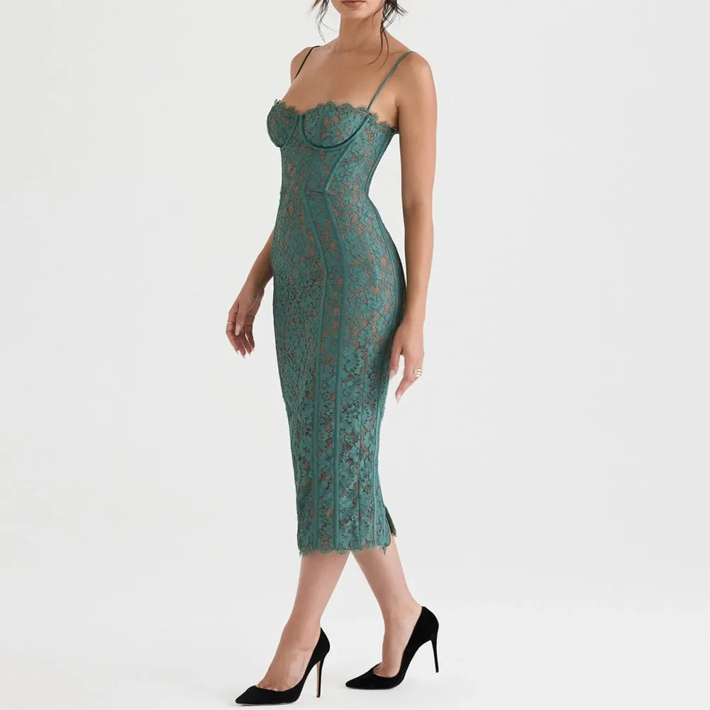 Vintage Lace Bodycon Cocktail Midi Dress