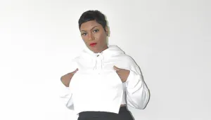 White POPPIN Reconstructive Cropped Hoodie