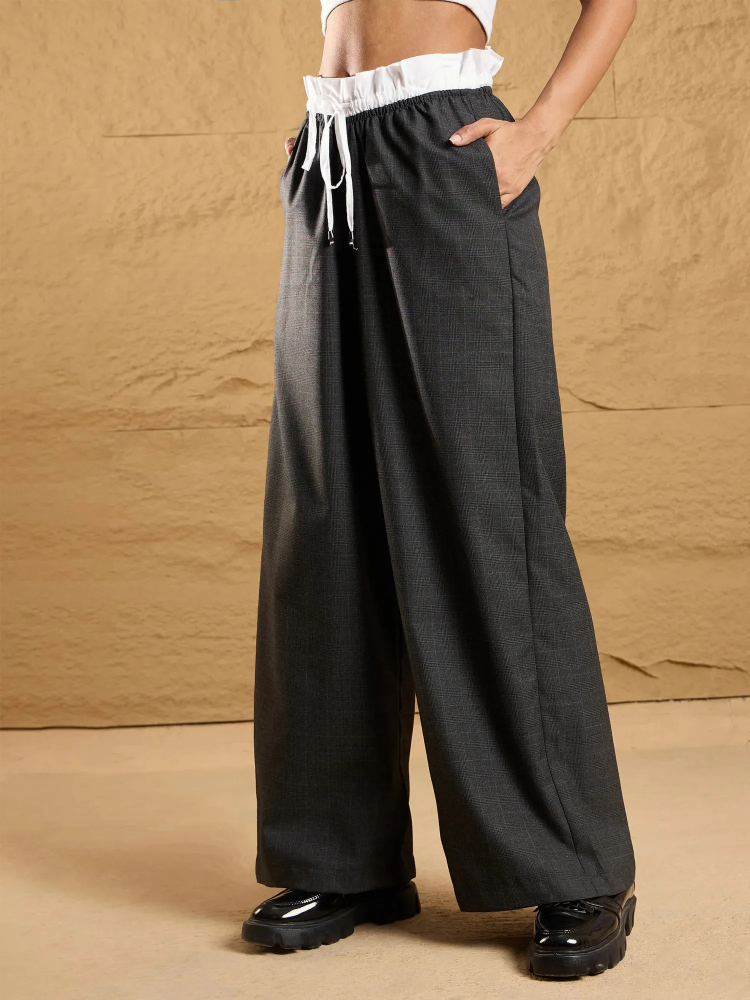 Women Black Check Contrast Paperback Waist Pants-SFPANT50839