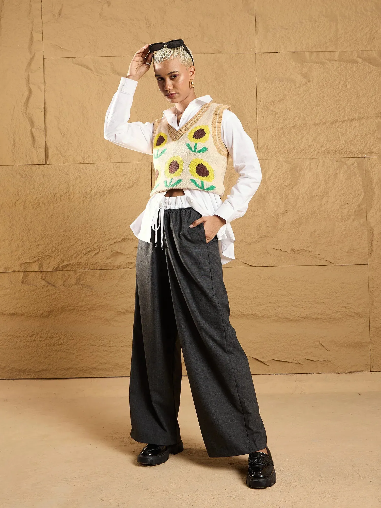 Women Black Check Contrast Paperback Waist Pants-SFPANT50839