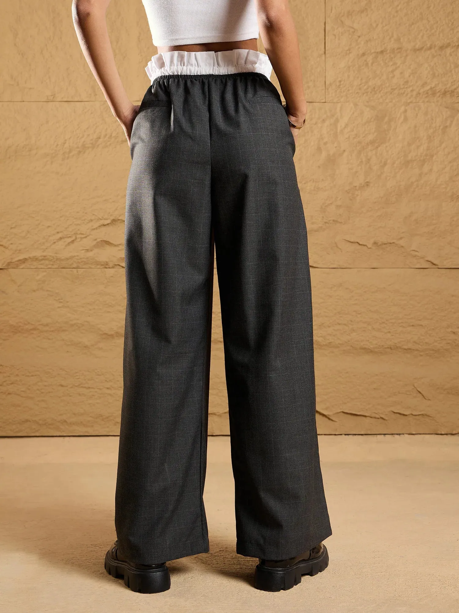Women Black Check Contrast Paperback Waist Pants-SFPANT50839