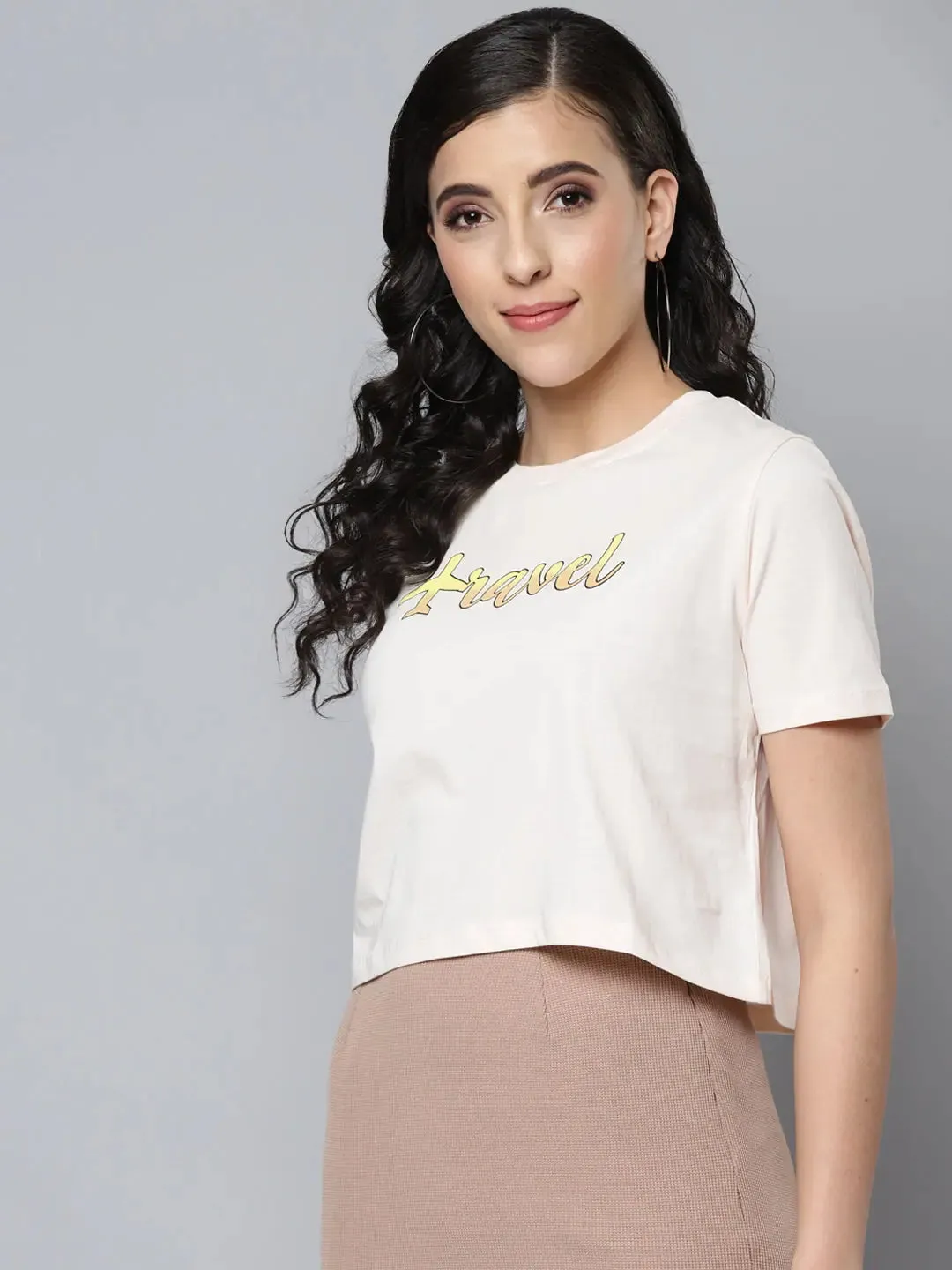 Women Cream TRAVEL Crop T-Shirt
