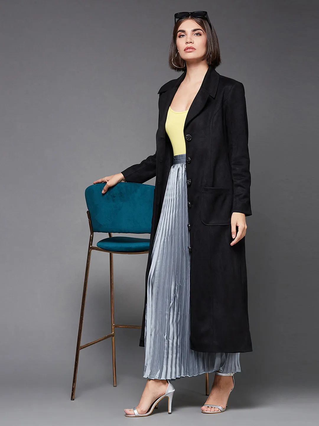 Women's Black Solid V-Neck Full Sleeves Winter Patched Pocketed Polyester Button Down Longline Winter Wear Blazer Jacket
