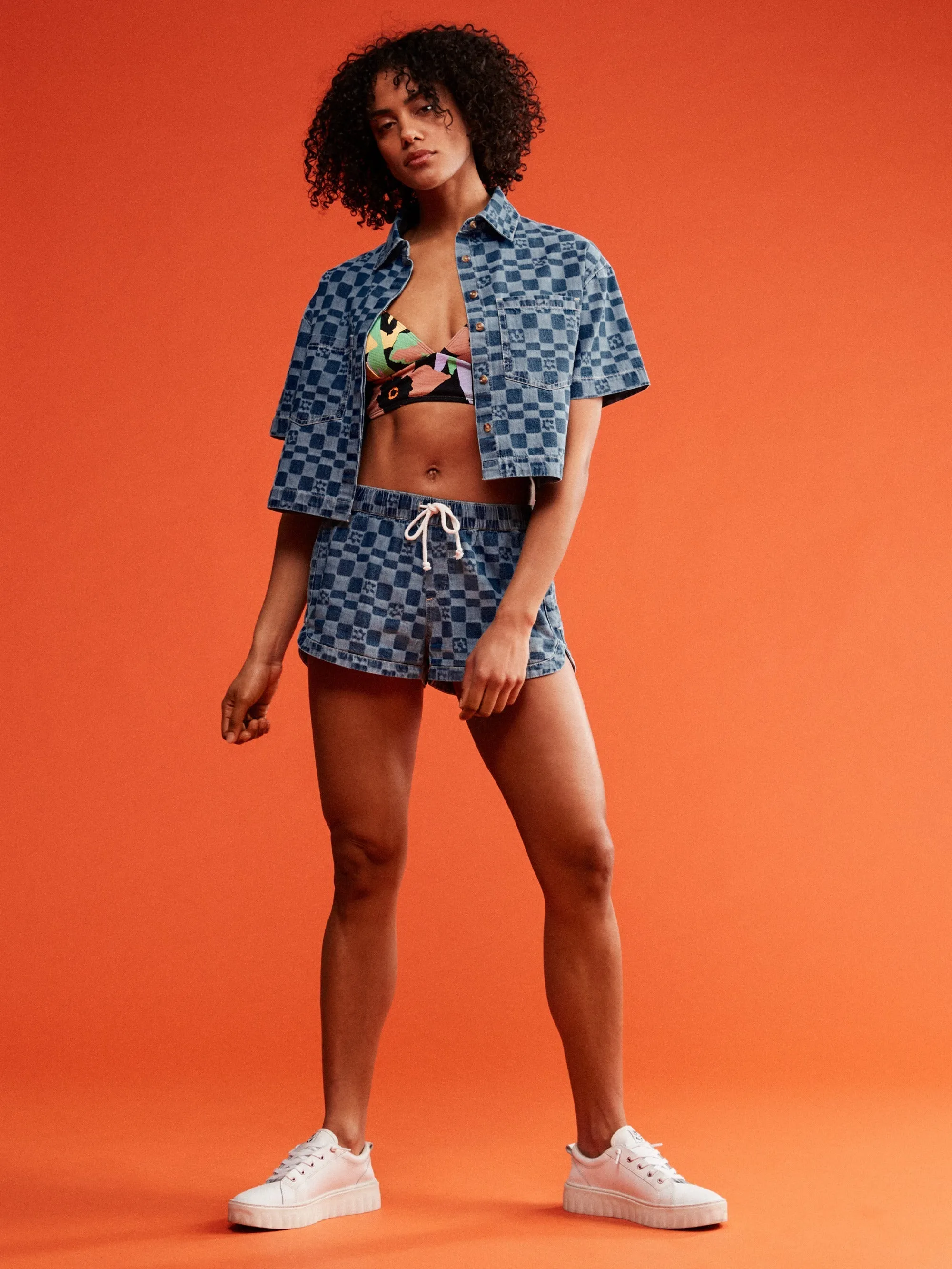 Womens Blue Wave Club Printed Short Sleeve Denim Shirt