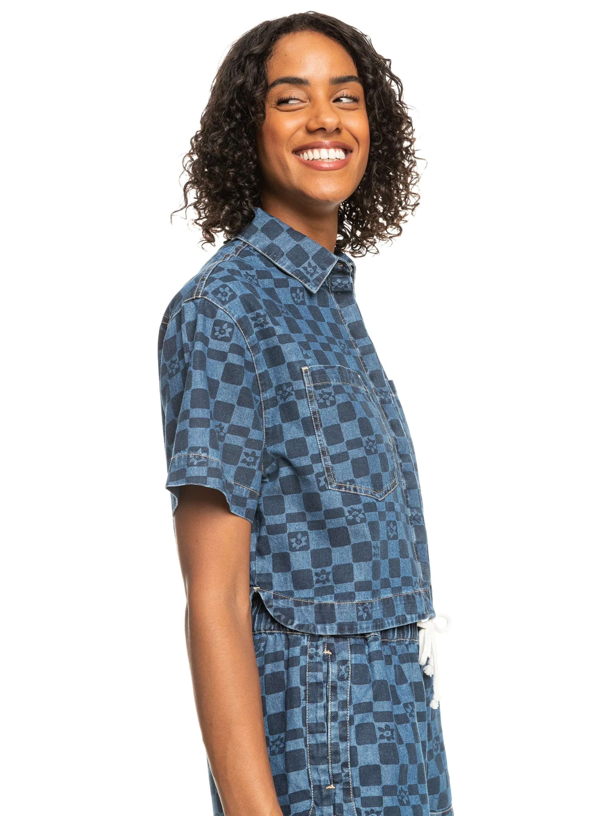 Womens Blue Wave Club Printed Short Sleeve Denim Shirt