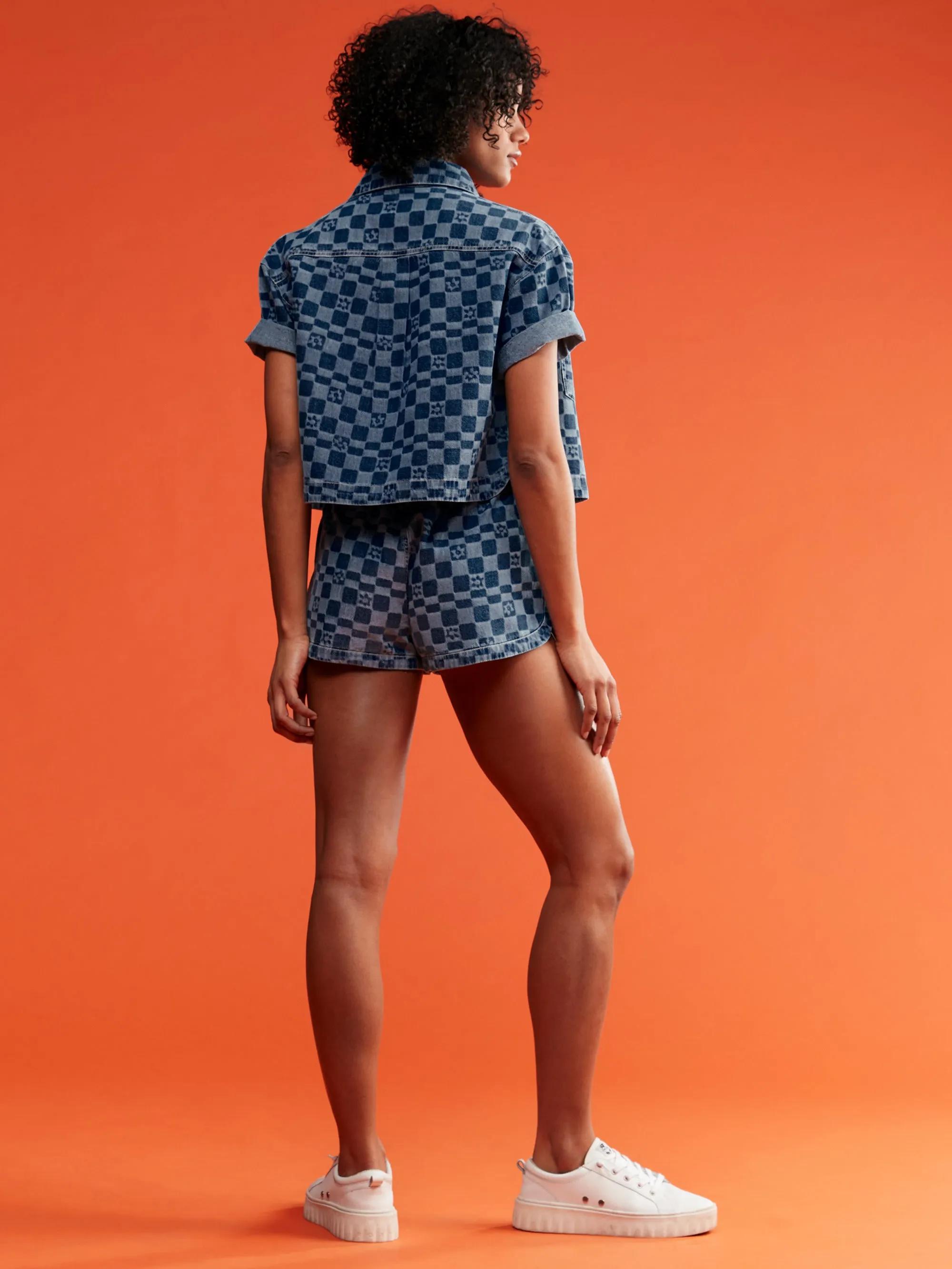Womens Blue Wave Club Printed Short Sleeve Denim Shirt