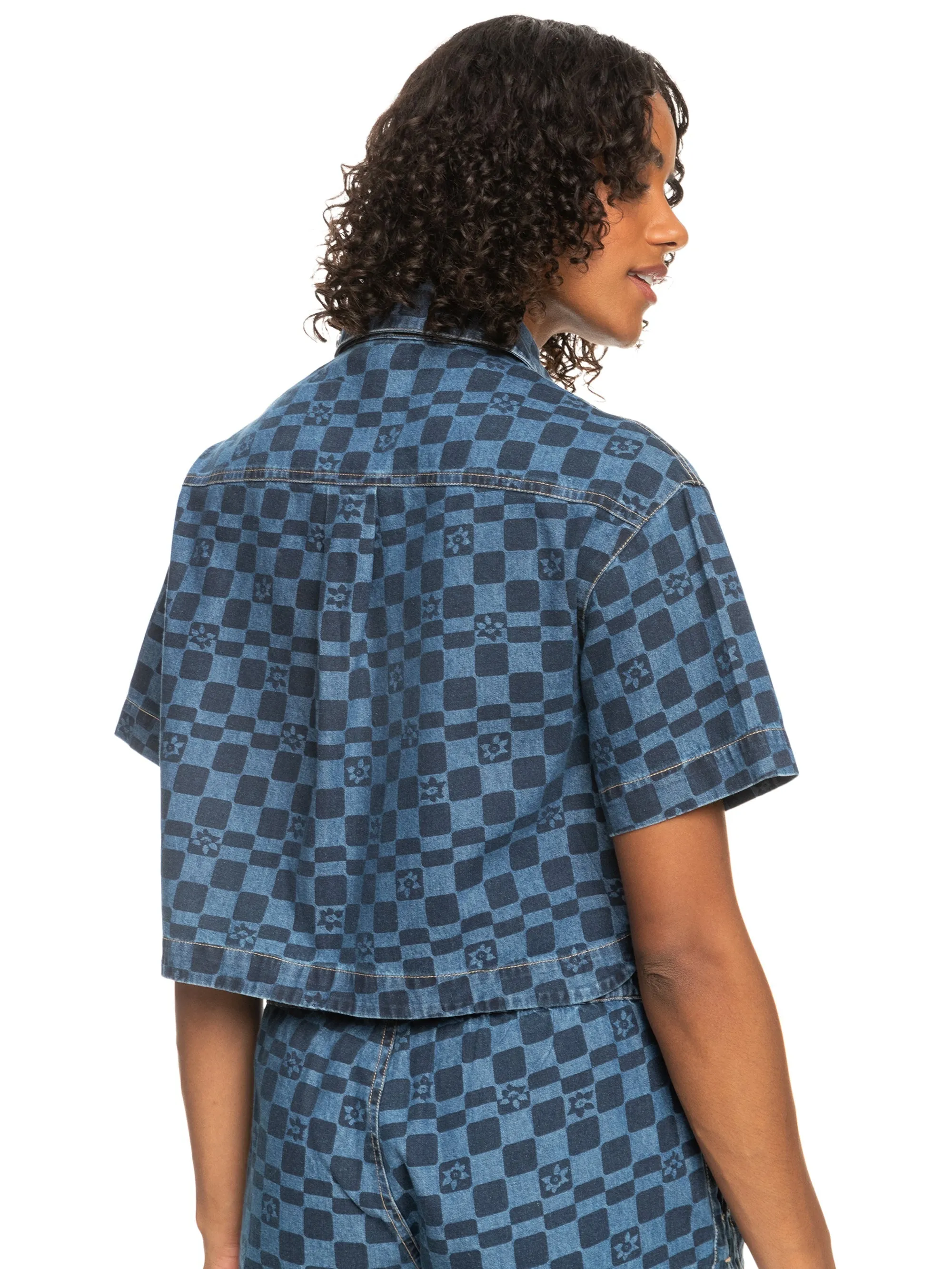 Womens Blue Wave Club Printed Short Sleeve Denim Shirt