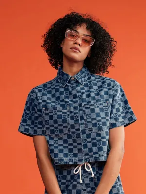 Womens Blue Wave Club Printed Short Sleeve Denim Shirt