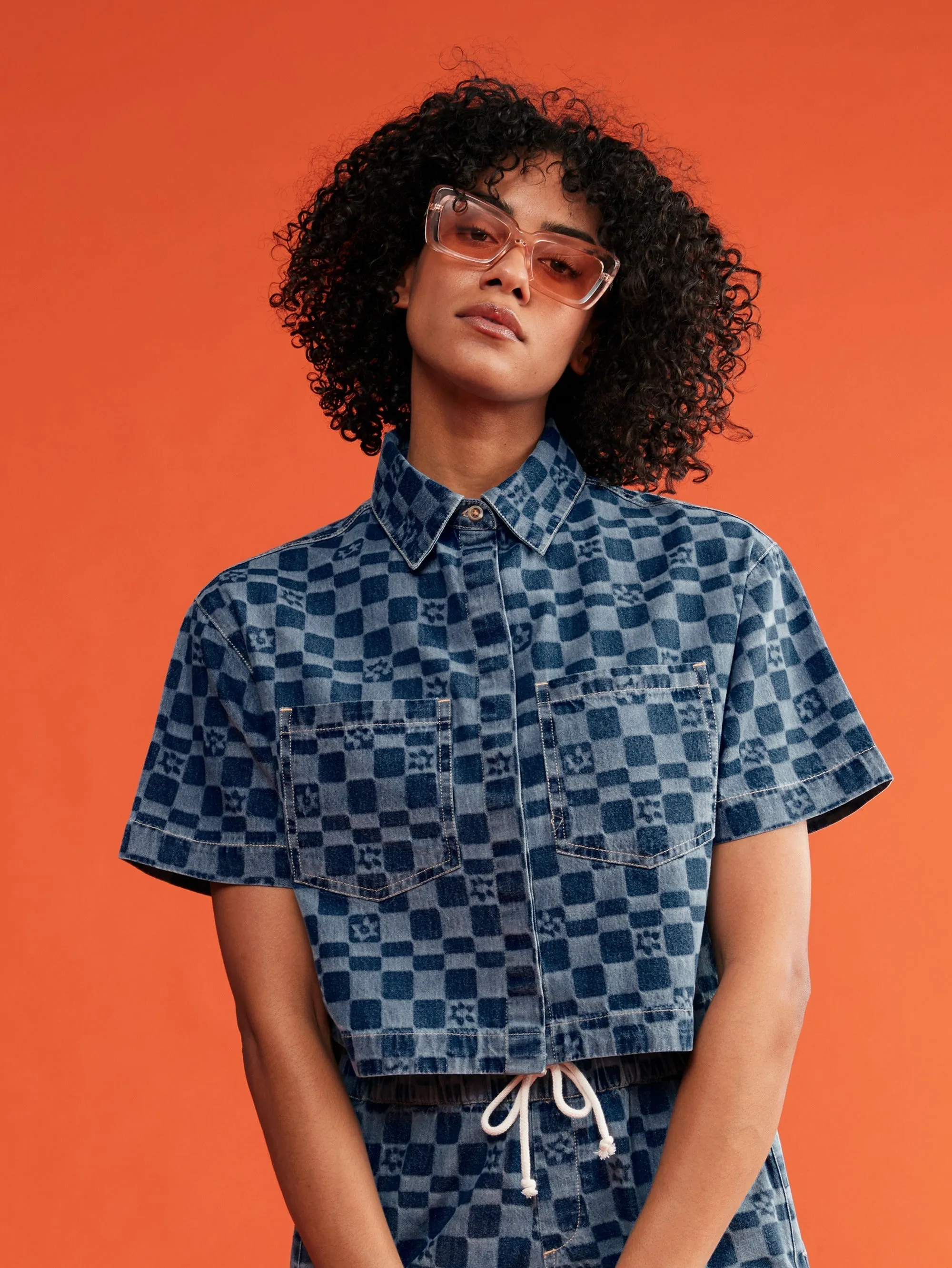 Womens Blue Wave Club Printed Short Sleeve Denim Shirt