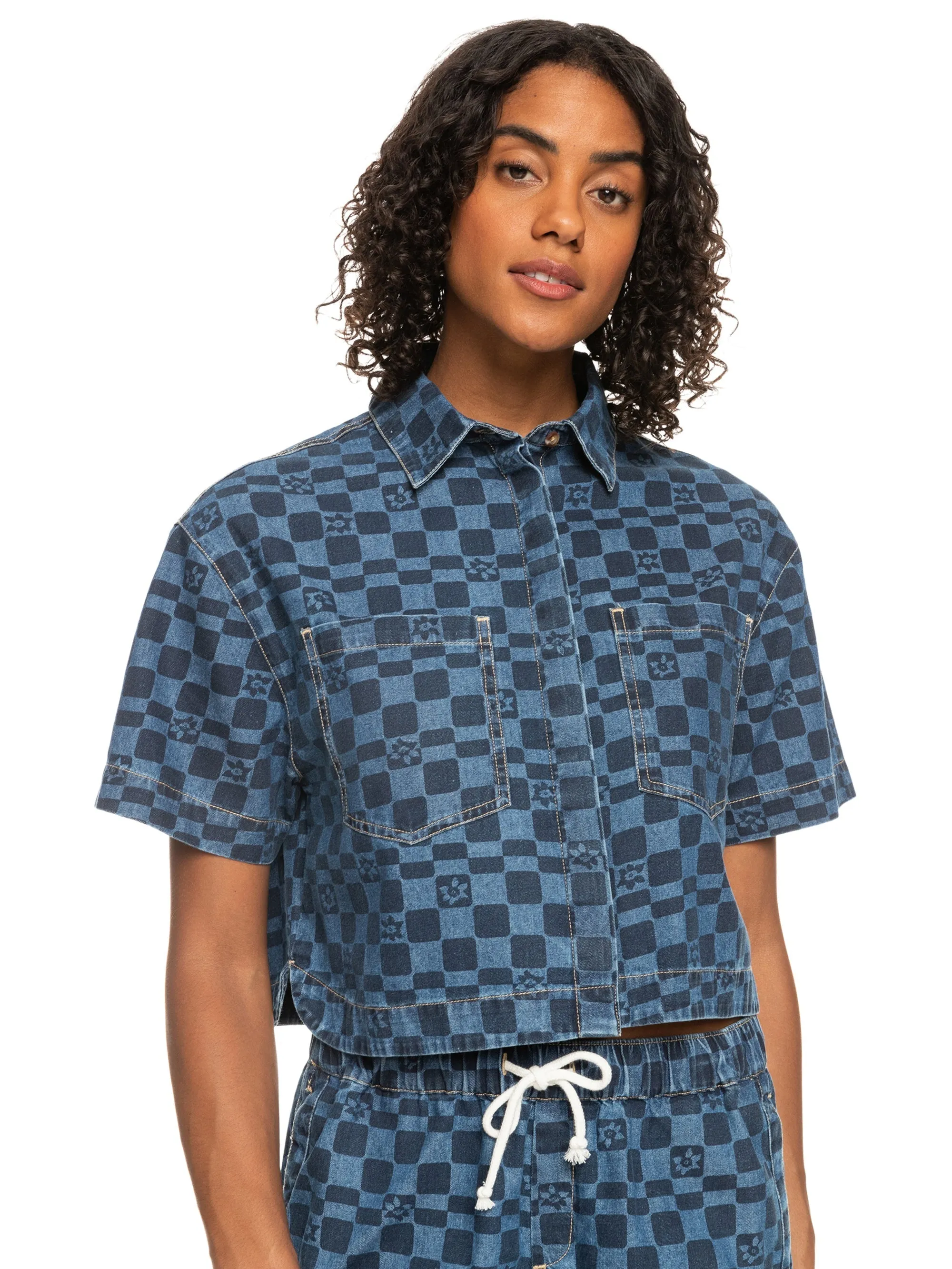 Womens Blue Wave Club Printed Short Sleeve Denim Shirt