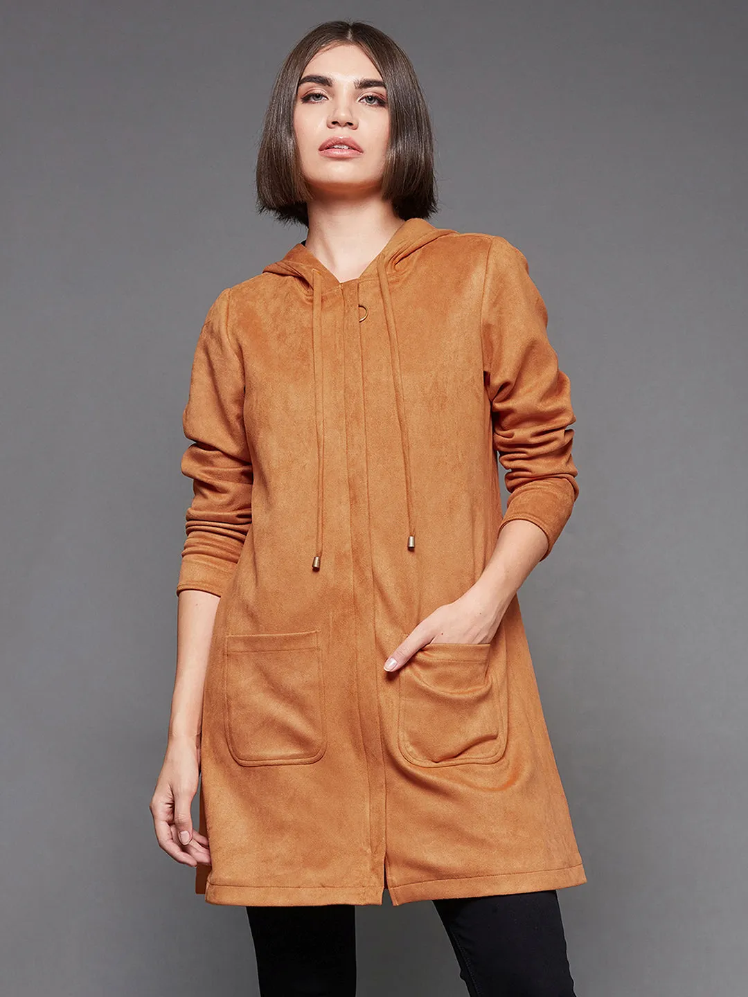 Women's Burnt Orange Solid Hooded Neck Full Sleeves Casual Winter Wear Polyester High Low Longline Jacket