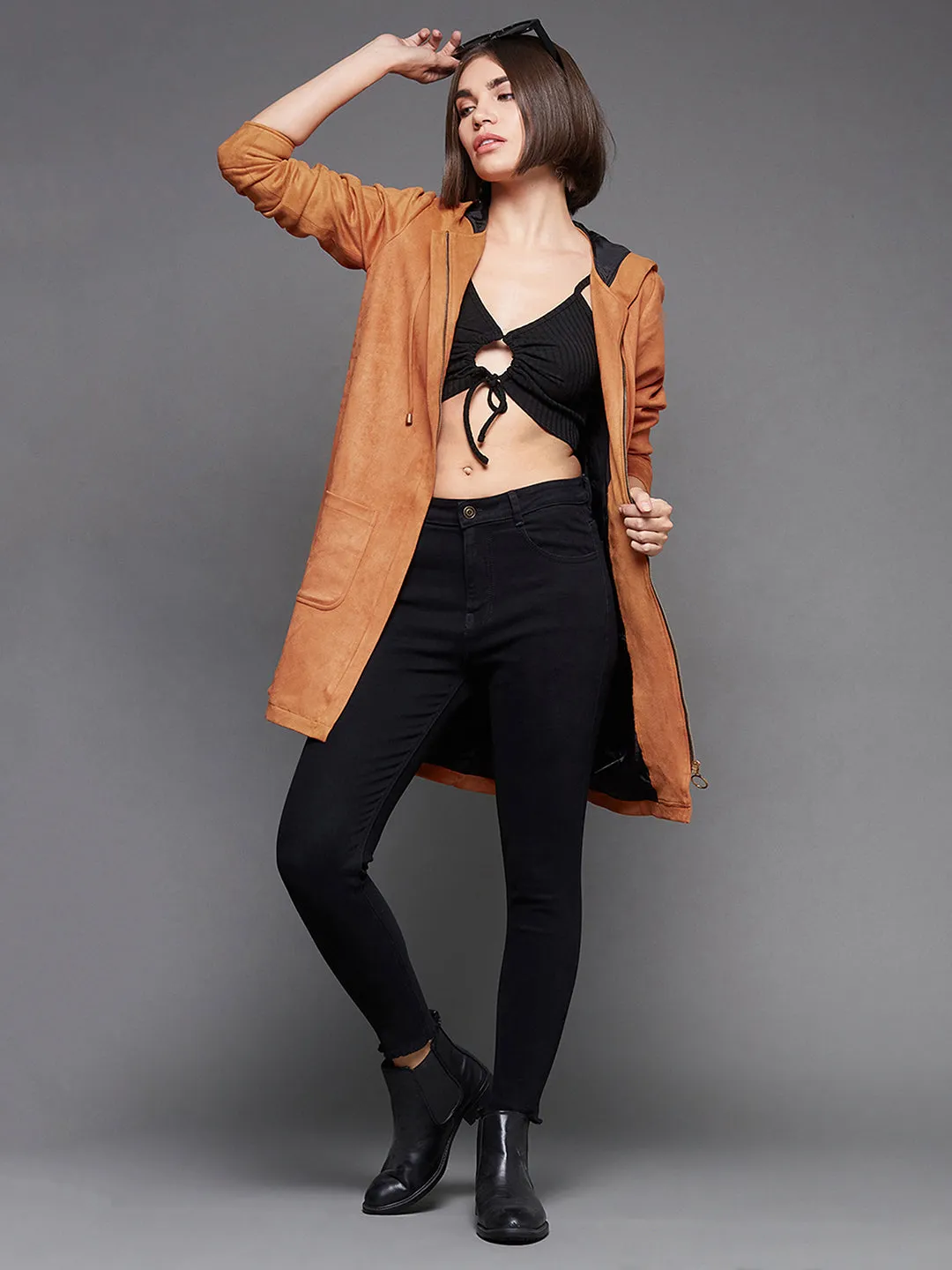 Women's Burnt Orange Solid Hooded Neck Full Sleeves Casual Winter Wear Polyester High Low Longline Jacket