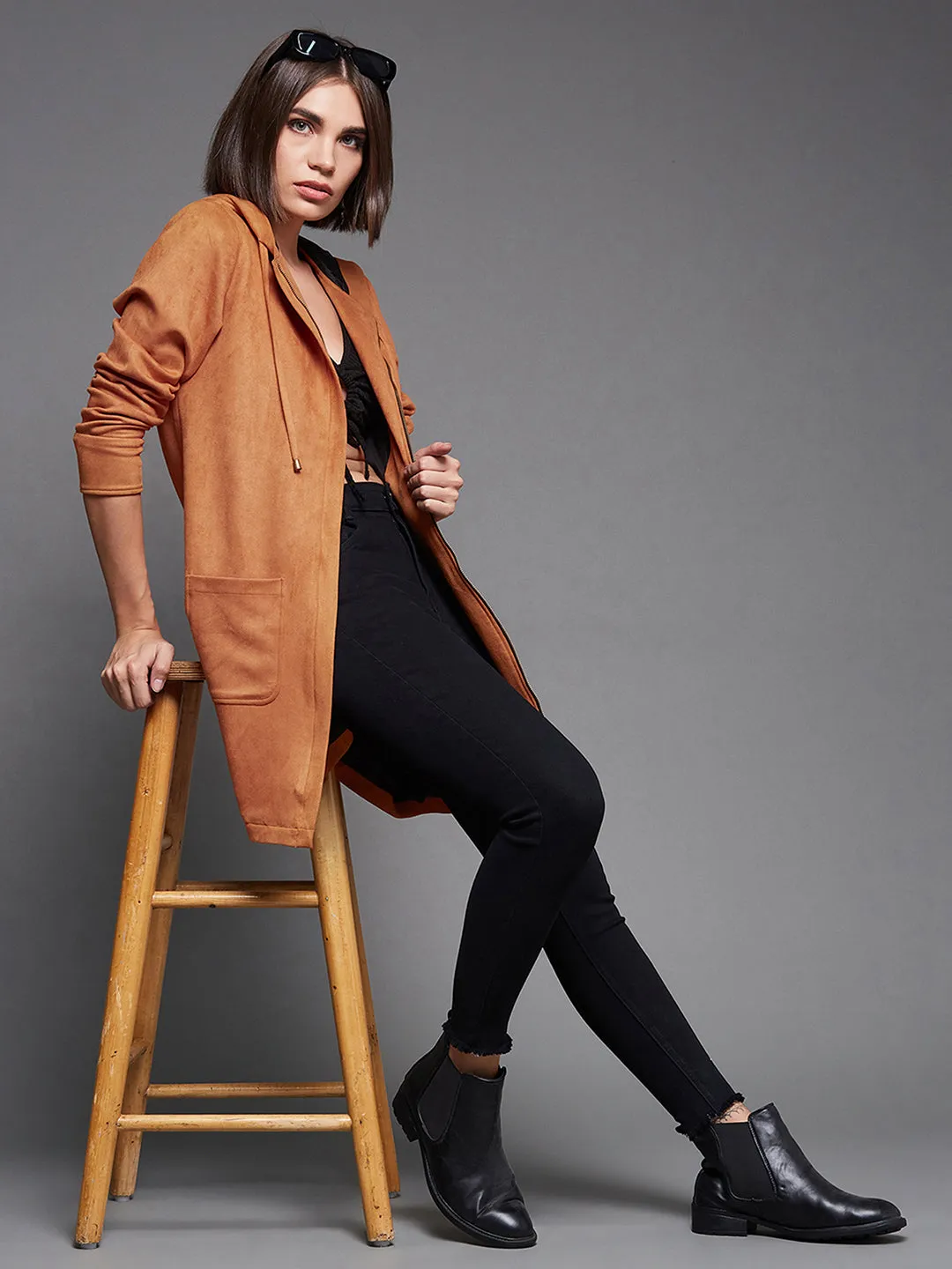 Women's Burnt Orange Solid Hooded Neck Full Sleeves Casual Winter Wear Polyester High Low Longline Jacket