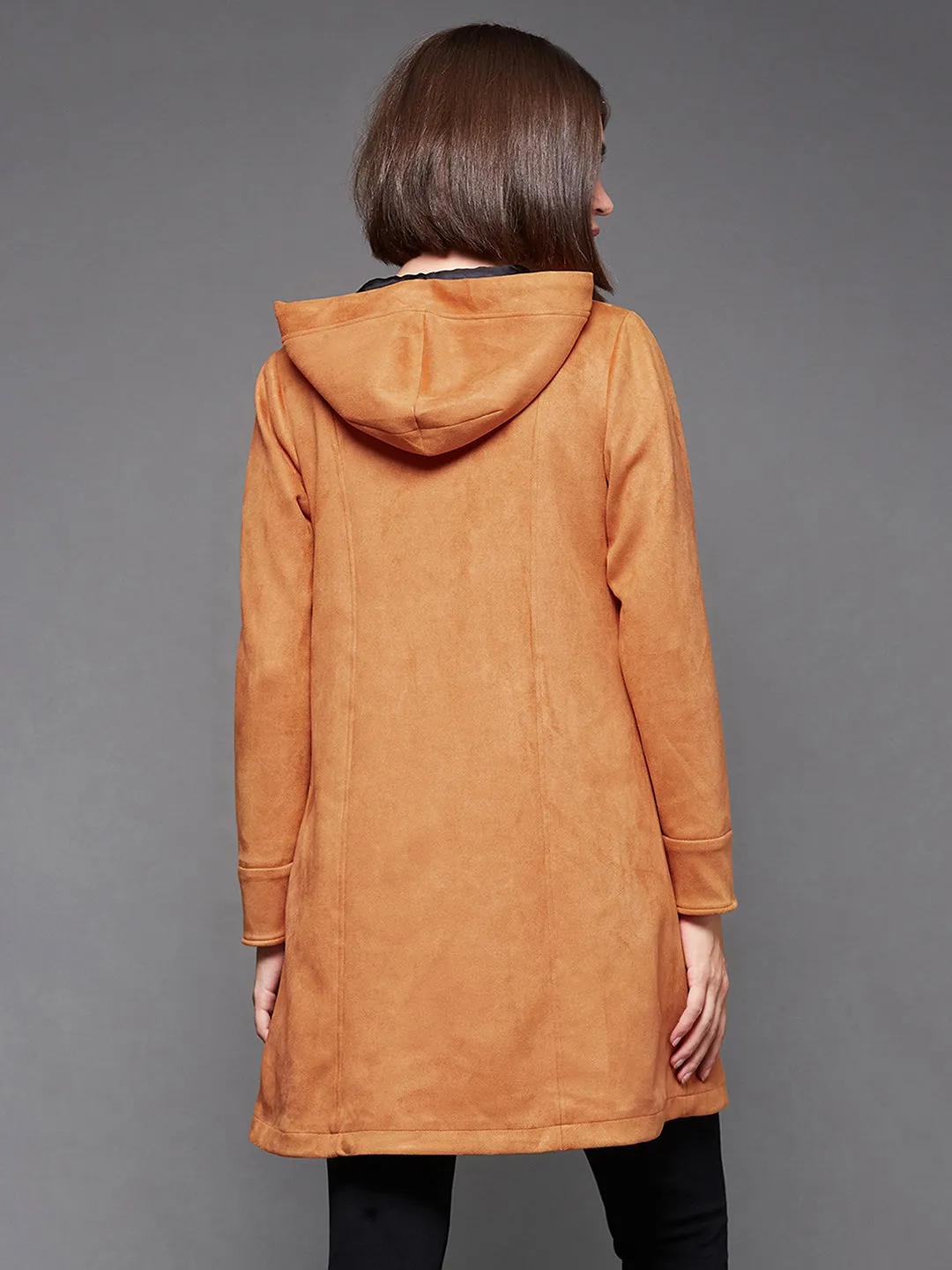 Women's Burnt Orange Solid Hooded Neck Full Sleeves Casual Winter Wear Polyester High Low Longline Jacket