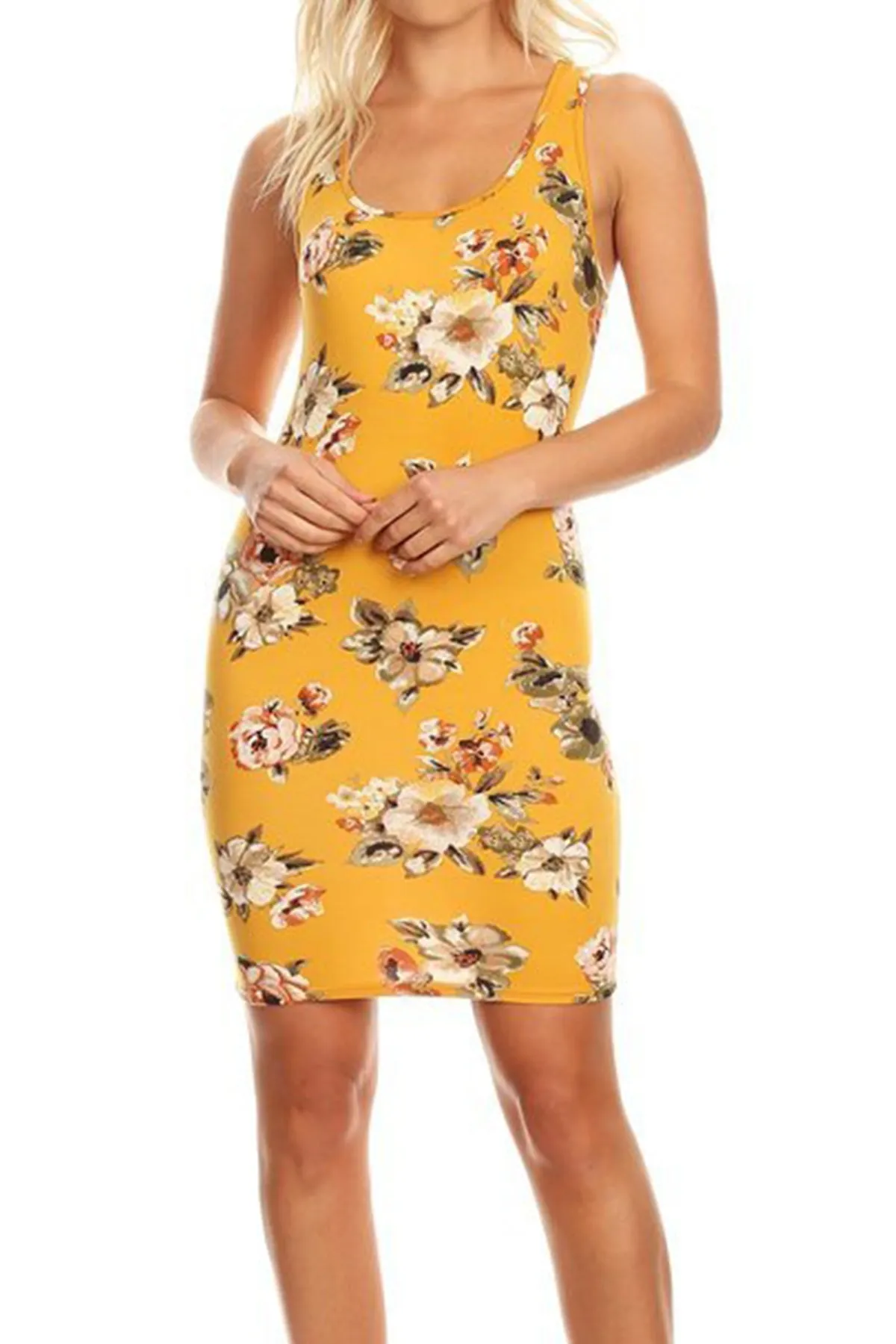 Women's Casual Floral Print Bodycon Mini Dress Sleeveless Scoop Neck Made in USA