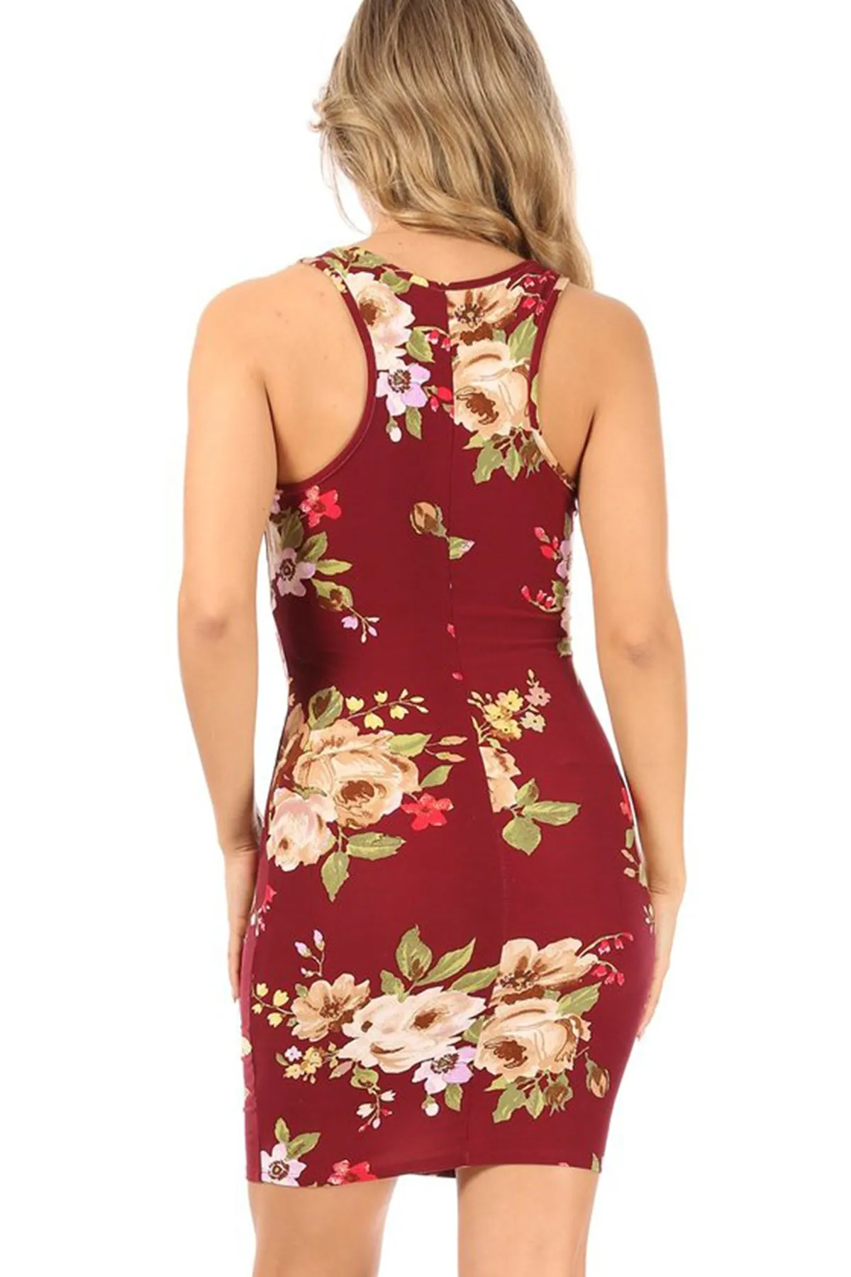 Women's Casual Floral Print Bodycon Mini Dress Sleeveless Scoop Neck Made in USA