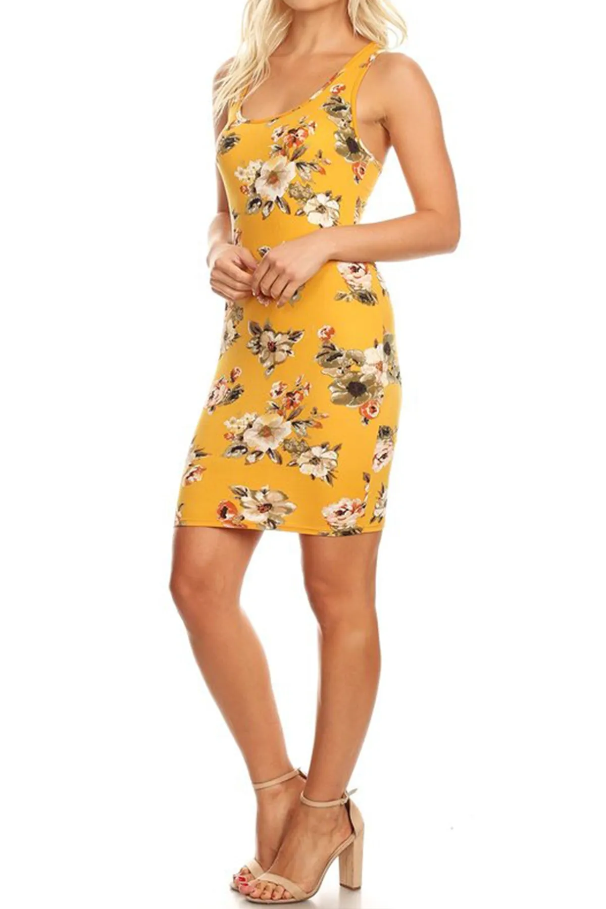 Women's Casual Floral Print Bodycon Mini Dress Sleeveless Scoop Neck Made in USA