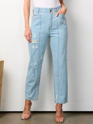 WOMEN'S ELASTIC WAIST BUTTON CLOSURE POCKETS DISTRESSED DENIM PANTS