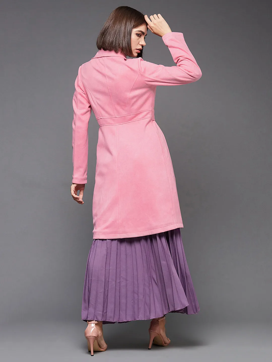 Women's Light Pink Notch Full-Sleeve Solid Longline Flared Knee-Long Polyester Jacket