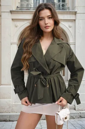 Womens Long Sleeve Button Up Lapel Neck Trench Jacket