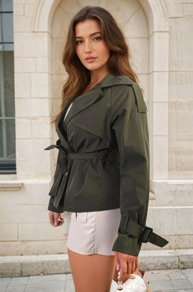 Womens Long Sleeve Button Up Lapel Neck Trench Jacket