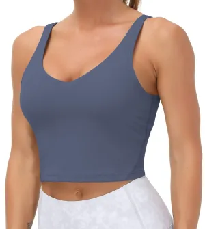 Women’s Longline Sports Bra Wirefree Padded Medium Support Yoga Bras Gym Running Workout Tank Tops (Ink Blue)