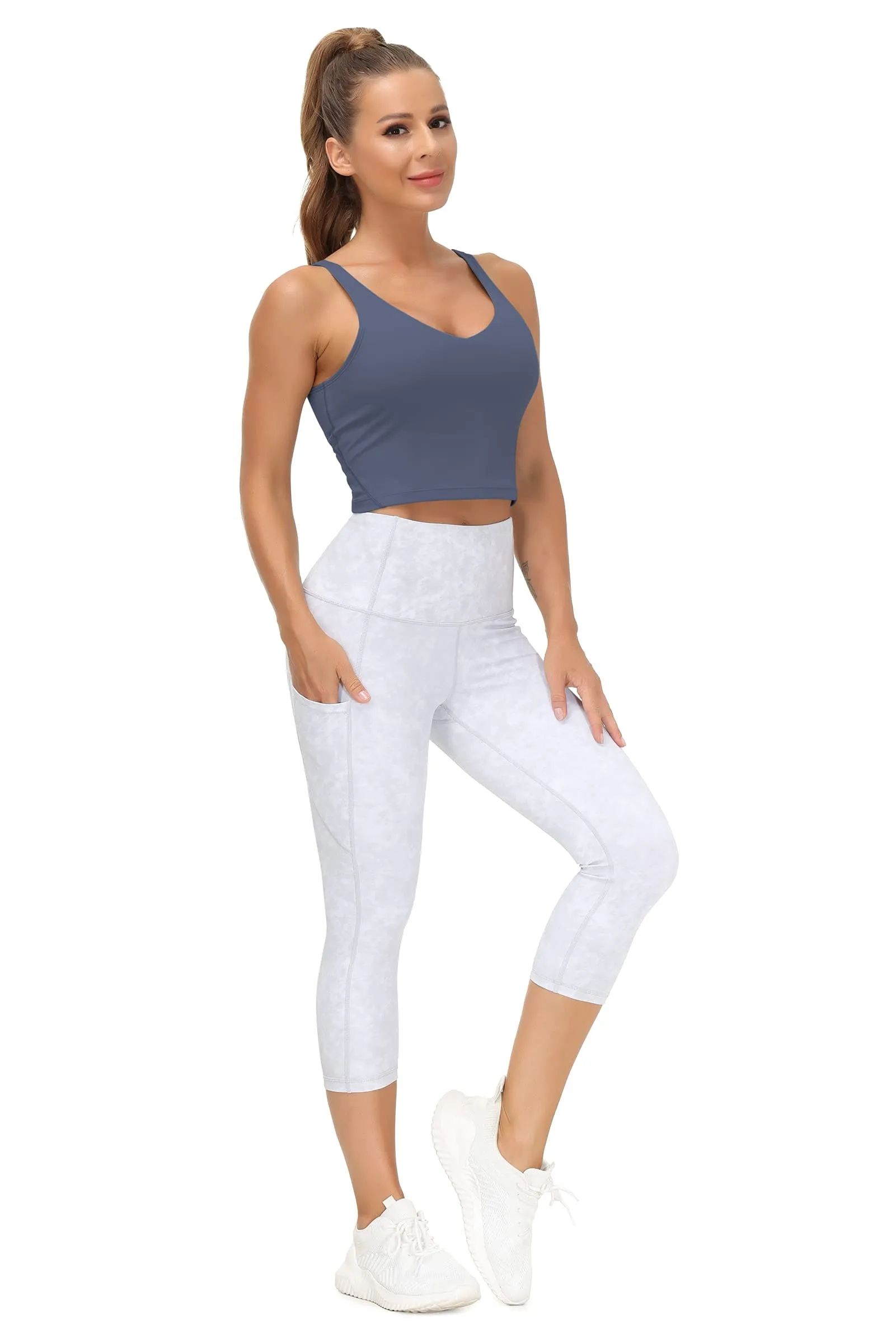 Women’s Longline Sports Bra Wirefree Padded Medium Support Yoga Bras Gym Running Workout Tank Tops (Ink Blue)